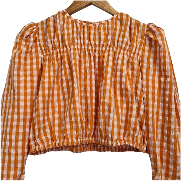 Zara Women's‎ S Orange Gingham Puff Sleeve Crop Top Boho Cottagecore Blouse - Picture 3 of 7